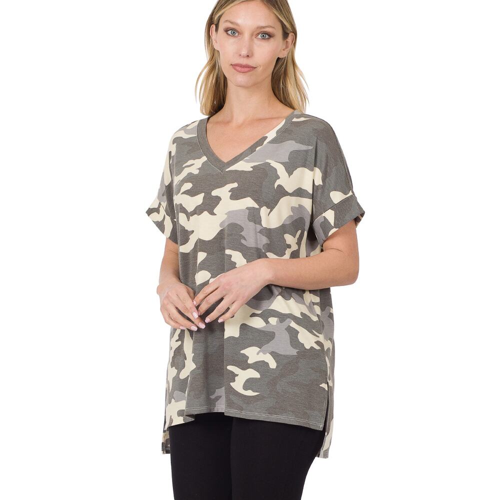 ZENANA CAMO GRAY V-NECK TOP & DRAWSTRING SHORTS SET - Picture 10 of 10